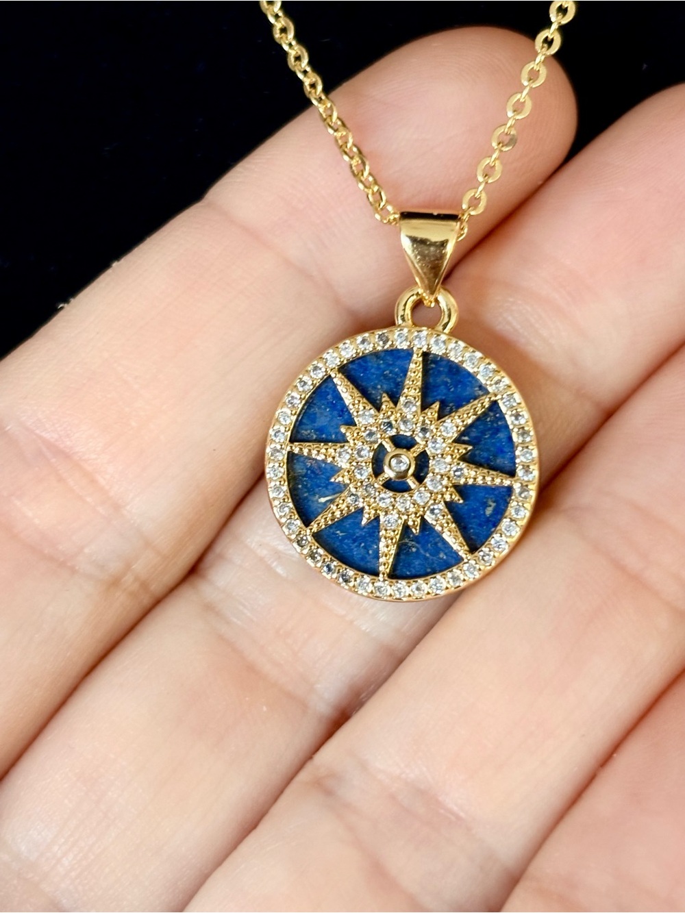 Gold-Tone Blue Lapis Compass Pendant Necklace